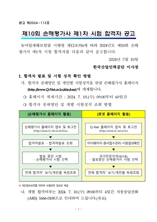 2024년도 제10회 손해평가사 제1차 시험 합격자 공고(시행용)_1.jpg